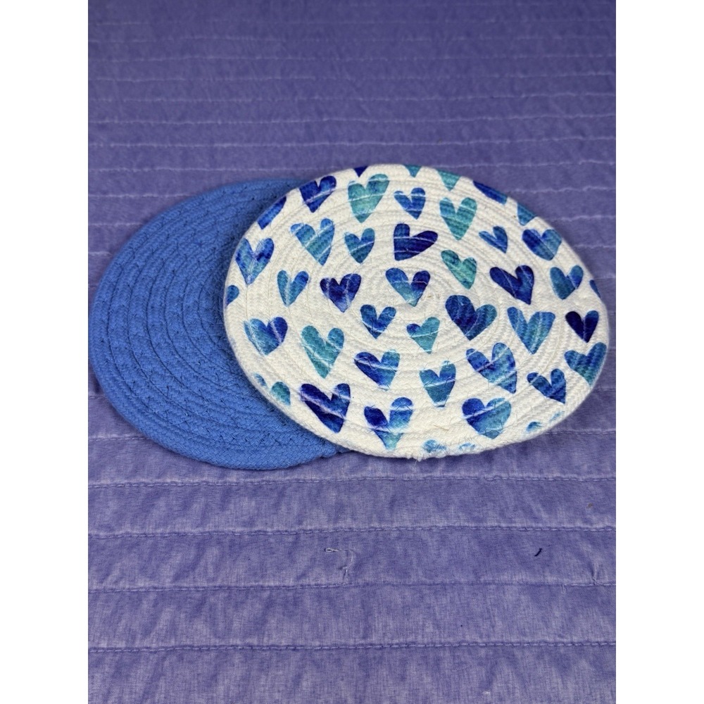 Blue White Heart Coiled Rope Pot/Pan Coasters Set of 2 Woven Cottage Coastal